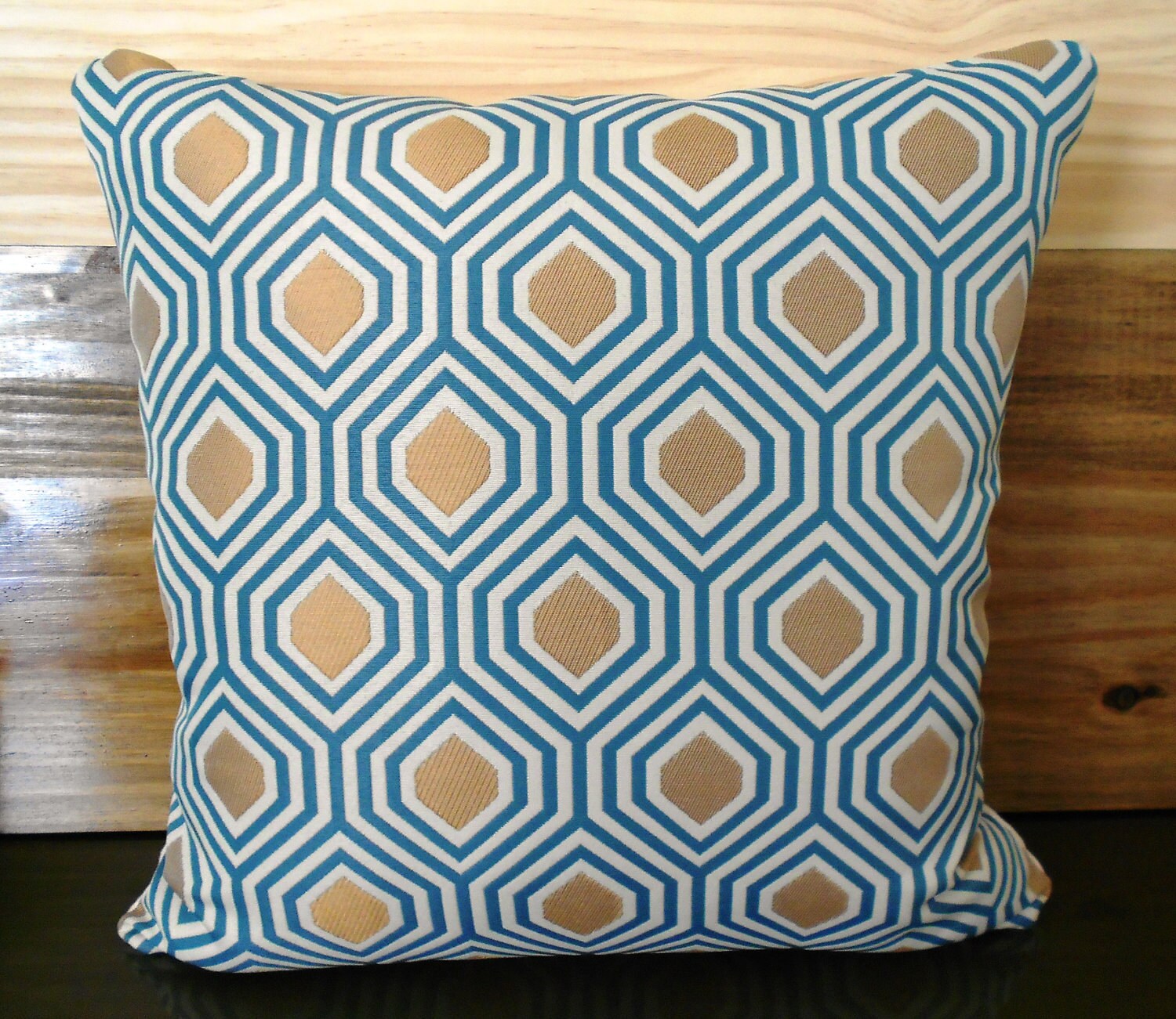 Turquoise and gold geometric decorative pillow by pillowflightpdx