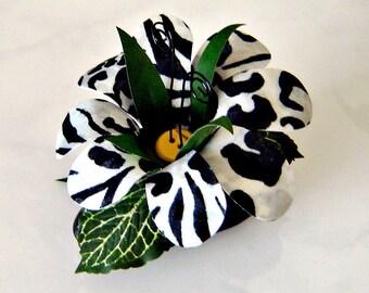 Fabric Flower on River Rock Paperweight / Table Decor - Black & White Animal Print