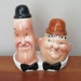Vintage Laurel and Hardy Salt and Pepper Shakers Complete with Tray & Original Wood Stoppers Antique Mid Century Made in England