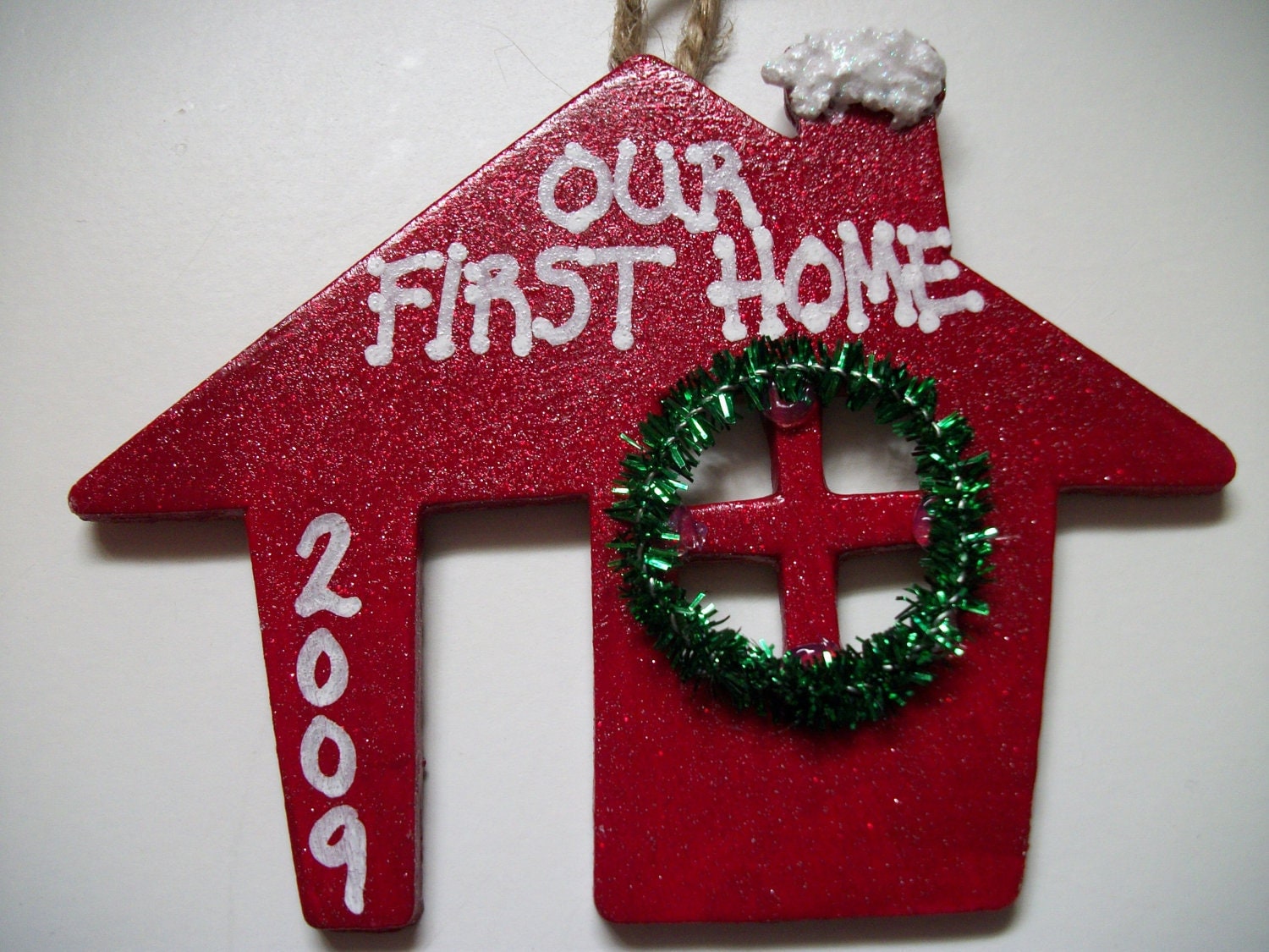 Hand Painted Wood Cabin Ornament w/ Mini-Wreath in the Window.You Choose Color.Personalized House Ornament.Gift for First Home.