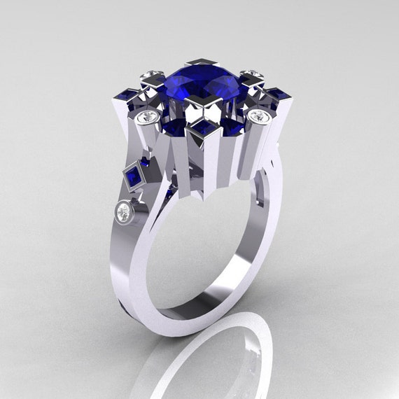 Classic 18K White Gold 1.5 Carat Blue Sapphire Diamond Wedding