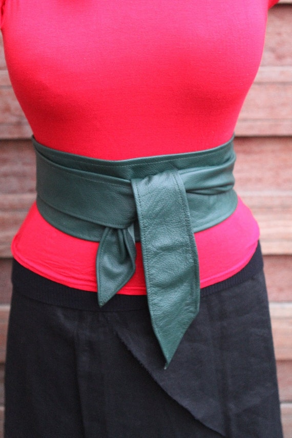 Green Leather Waist Cincher belt ooak handmade