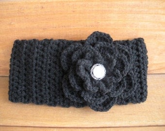 Womens Headband Crochet Headband Winter Fashion Accessories Women Earwarmrer Headwrap in Black with Crochet flower