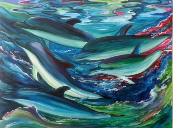 Large colorful painting of dolphins by ClaudiaHodgesDesign on Etsy