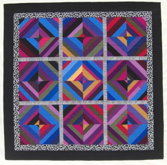 Multi Color String Quilt B&W Accents Black by KarenGriskaQuilts