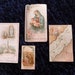 4 antique Holy prayer cards w Holy virgin Mary, Lourdes, Madonna, holy family, angel, 1800s French religious cards collection