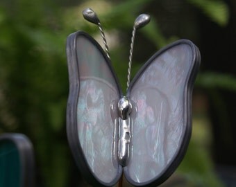Stained Glass - Grape/White Wispy Irridescent Butterfly - Garden Plant Stake