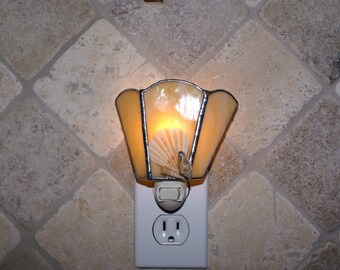Amber Stained Glass Night Light w/Seashells Accents - Handcrafted Authentic Stained Glass - Authentic Seashells