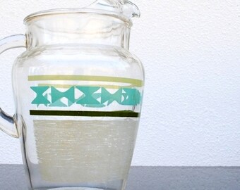 Libbey Glass Water Pitcher, 1960s Ice Lip, Stripe & Geometric Turquoise Chartreuse, Retro "Spartan" Pattern