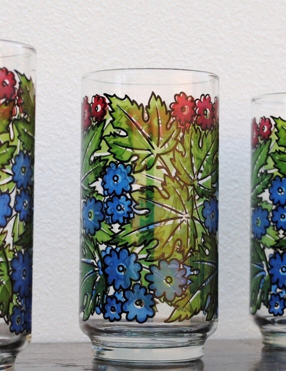 Libbey Flower Drinking Glasses 1970s Funky Tiffany Foliage