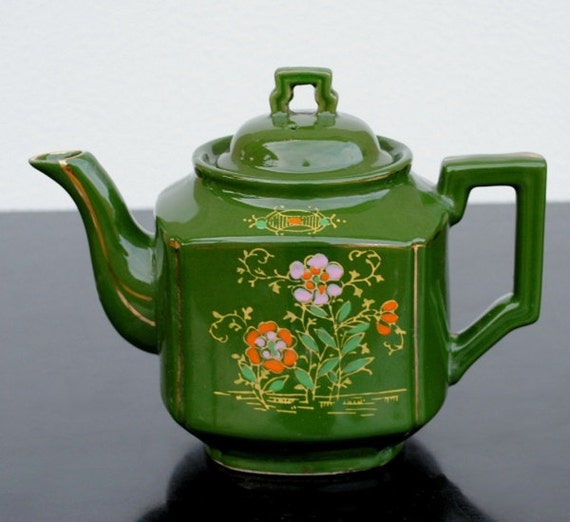 Vintage Redware Japan Teapot Hand Painted Green with Pink