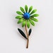 1960s Green & Blue Brooch Flower Pin, Enameled Long Stem Gerber Daisy