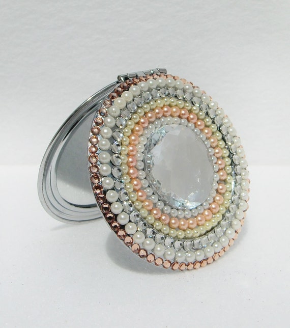 Items similar to Silver compact mirror with rhinestones & pearls on Etsy