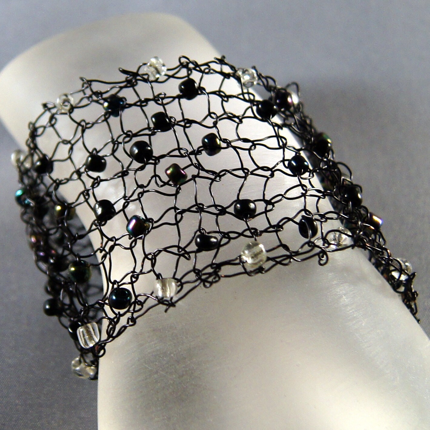 Black Knit Wire Bracelet Cuff Knitted Crocheted Wire Beaded