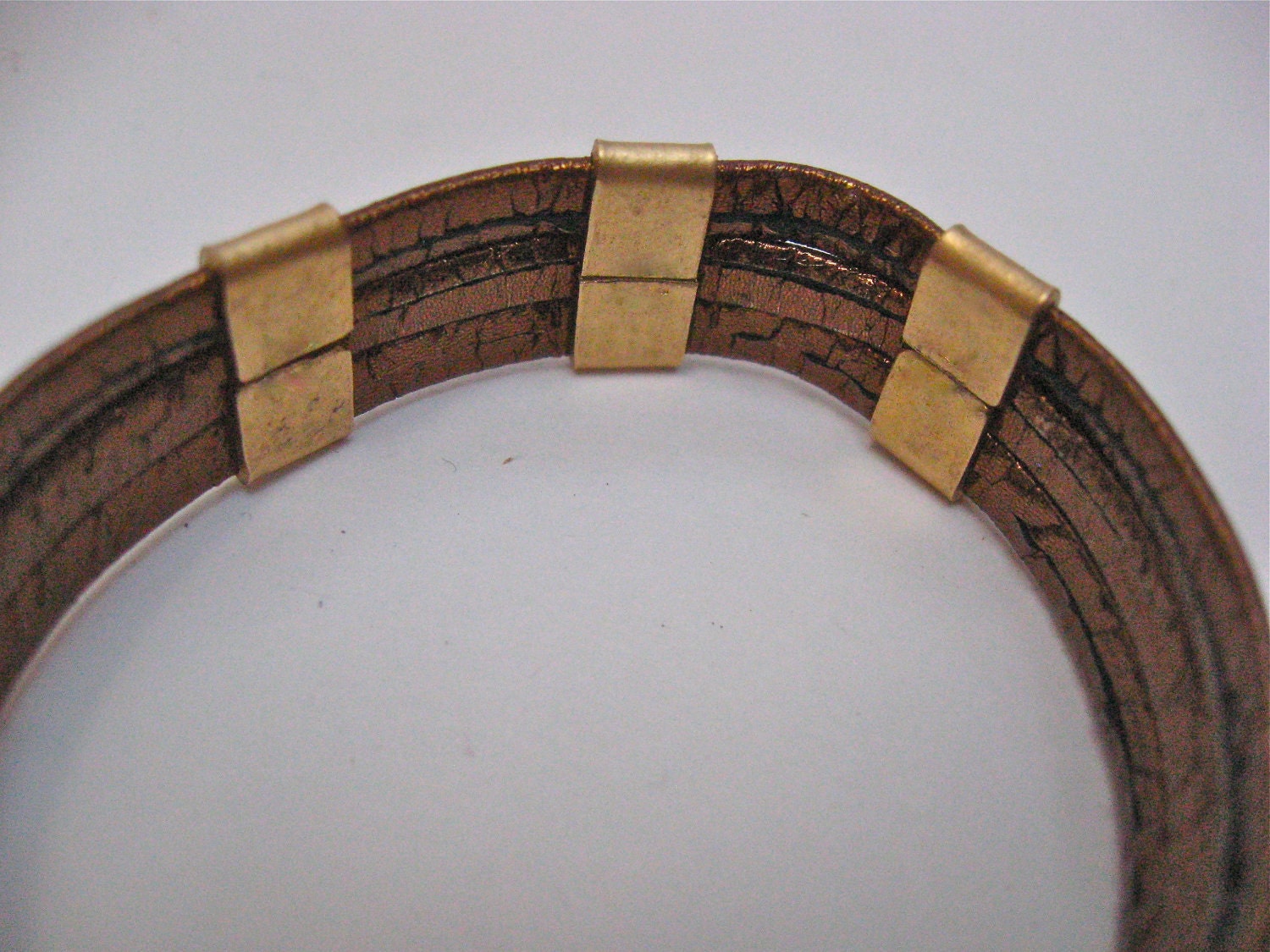 CopperColored Leather Strip Bracelet With by MetalMorphousJewelry