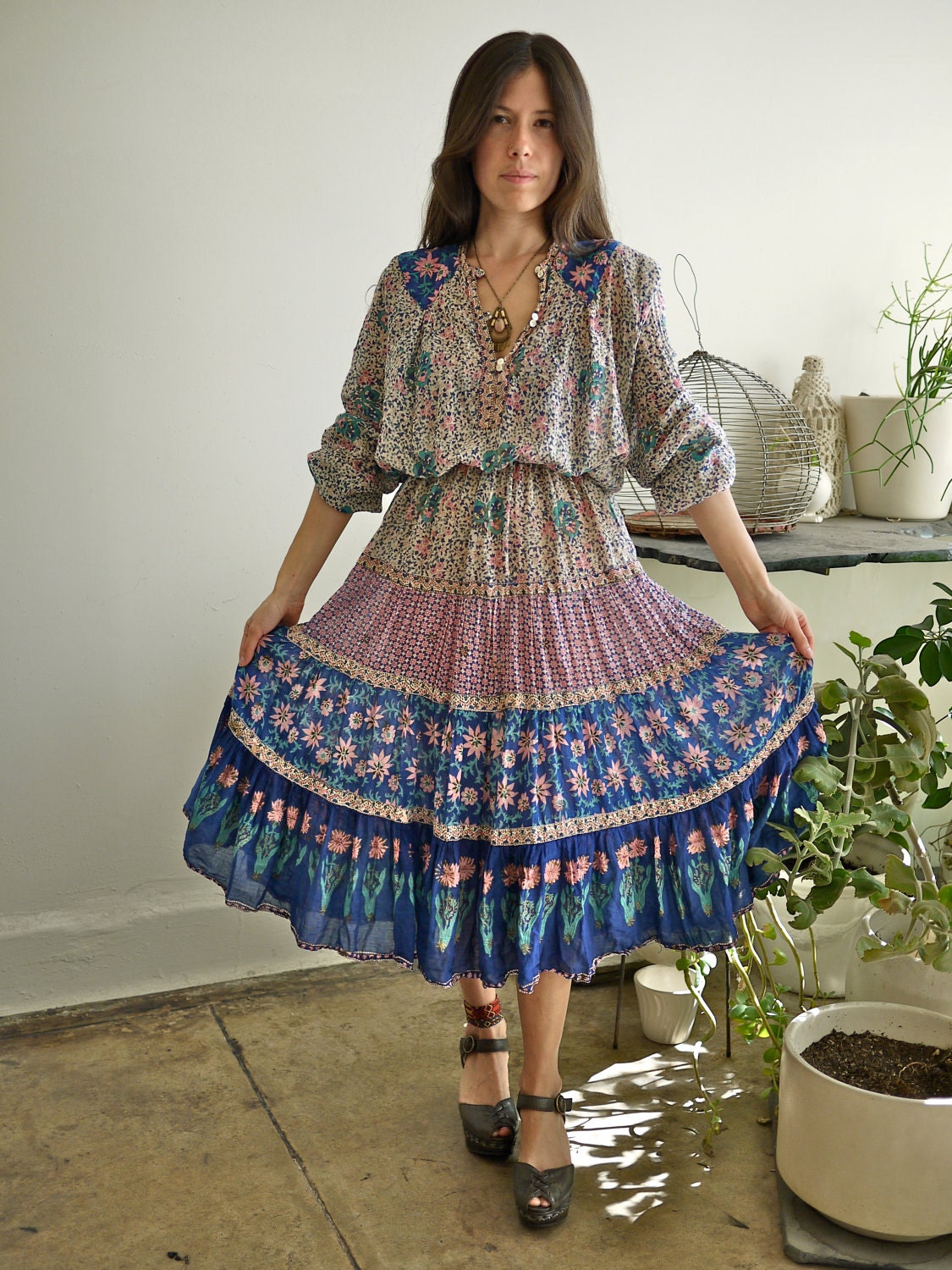 RESERVE RESERVE Vintage Indian Floral Tiered Gauze Dress