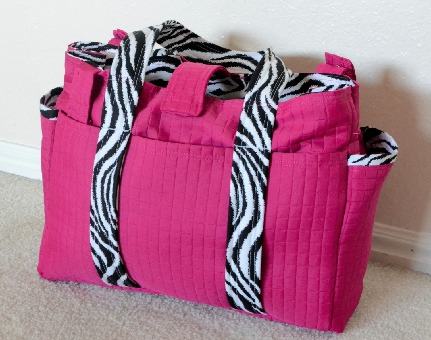 Ultimate Diaper bag Pink and Zebra with matching diaper