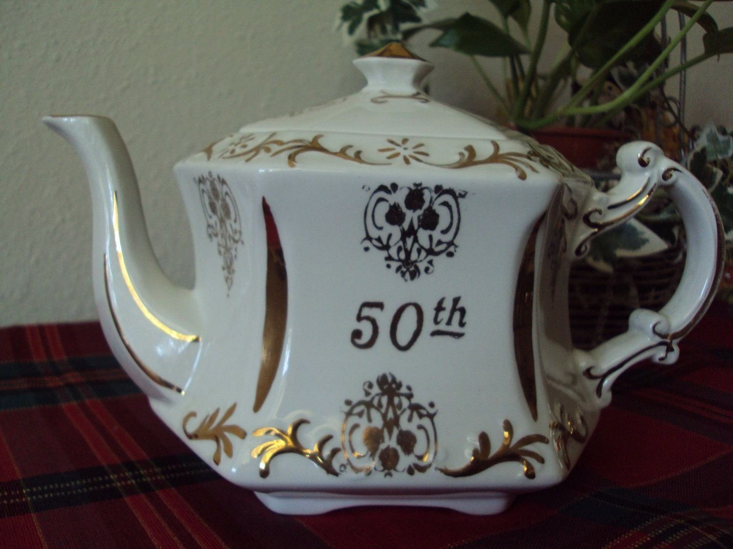 50th Anniversary Ironstone Teapot. White with gold trim.