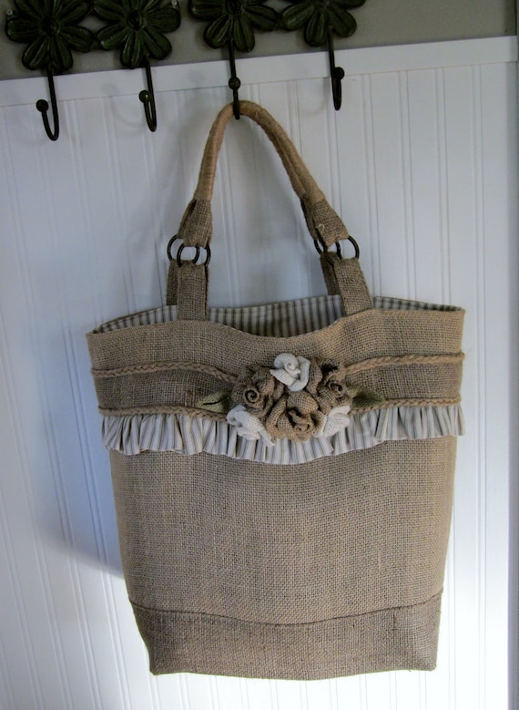 Items similar to Burlap Flowers Tote Purse Bag on Etsy