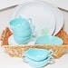 Retro Set of Melamine or Melmac Dishes in Aqua Turquoise Blue and White