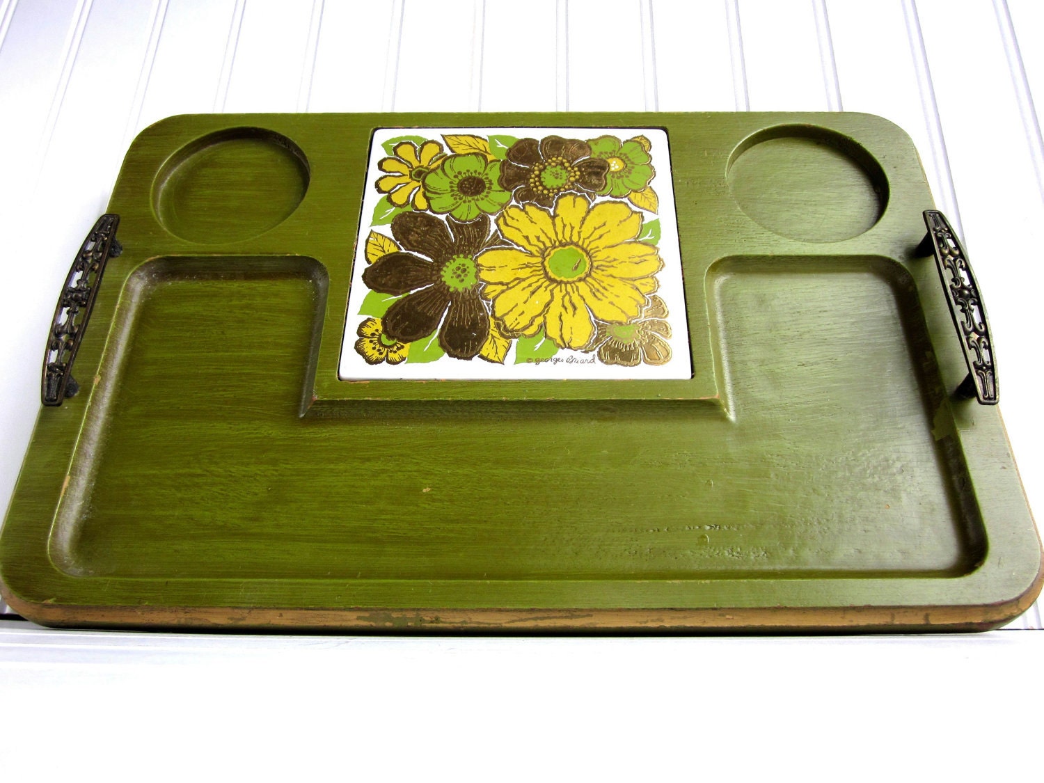SALE Briard Tray 1970s Avocado Green & Gold