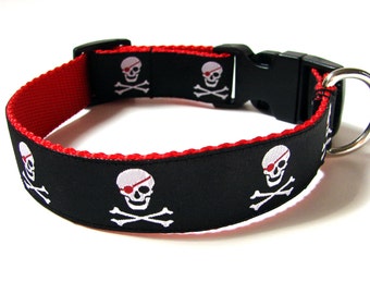 Pirate Dog Collar Red Black Skull Dog Collar 1"