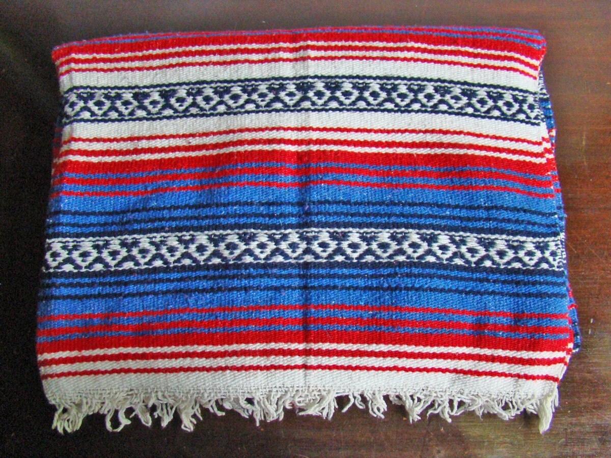 vintage striped woven Mexican rug / blanket / wall hanging in
