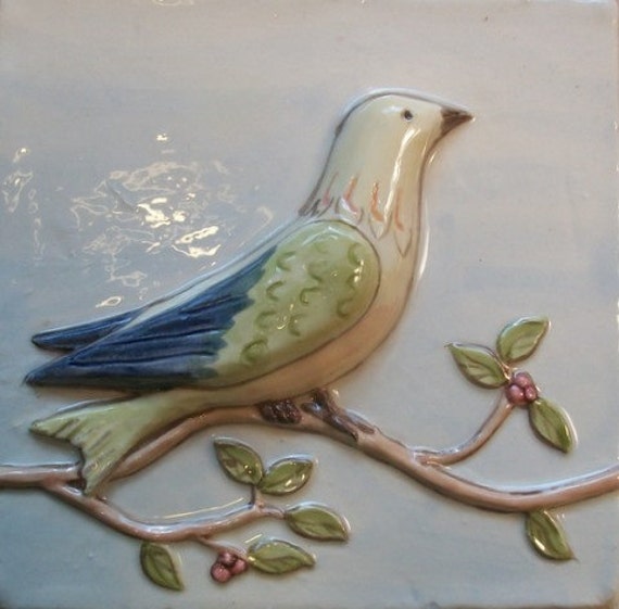 Ceramic Relief Tile Handpainted Bird on Vine Perched. IN