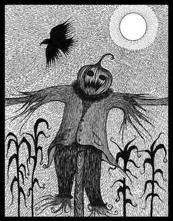 Items similar to Pen Ink black white drawing scarecrow crow Halloween