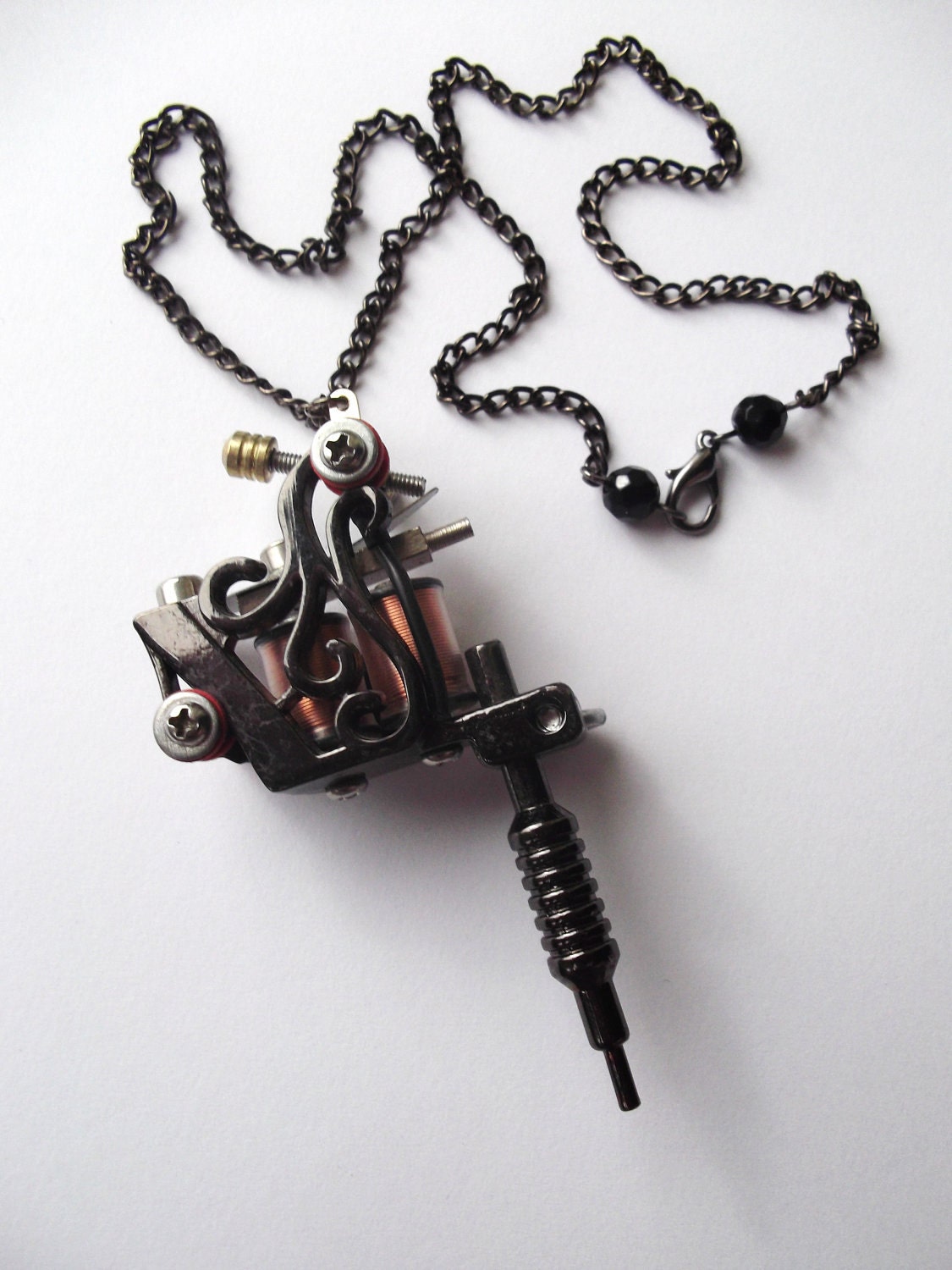 Black Tattoo Machine Swirl Detail Pendant Necklace with Nape