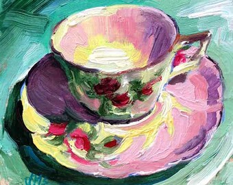 Rose Tea Cup Painting - Tea Cup Art Print 8 x 8 from Jemma's-Gems Original