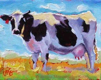 Cow Painting ,Western Cow & Blue Sky Art Print, Cow Print, Cow Art, 5 x 7 by Jemma's-Gems