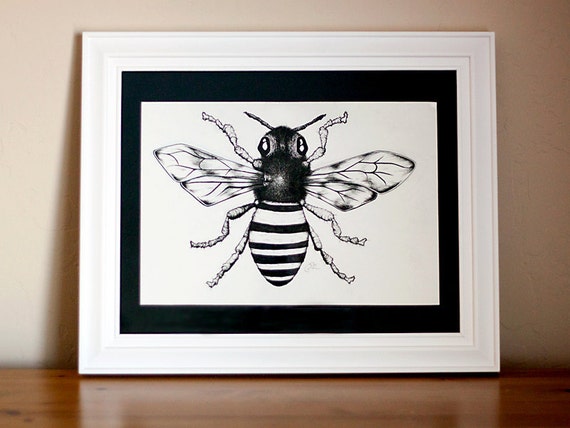 Items similar to Black and White Bee Print (8'' x 10