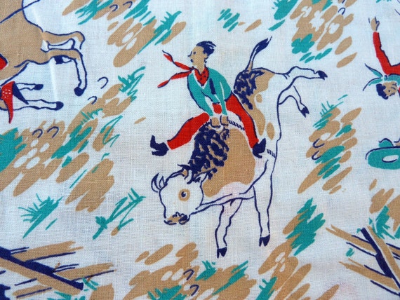 1950's Cowboy Cotton Fabric in Turquoise Red and Tan
