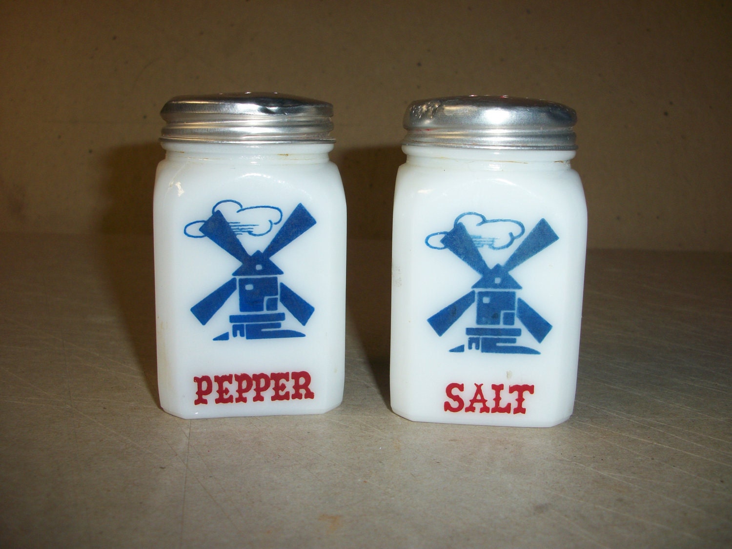 Vintage Windmill Salt & Pepper Shakers. Milk Glass