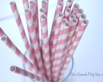 BUBBLEGUM PINK & WHITE Striped --Paper Straws--25ct with Free Printable diy Flags
