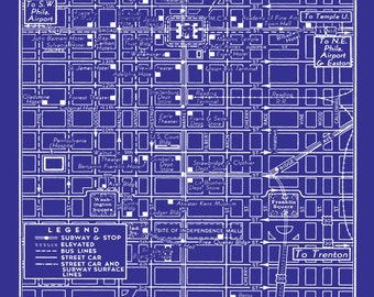 1949 Vintage Map of Downtown Philadelphia Blueprint Map Print Poster