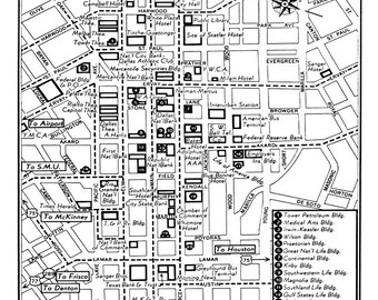 1949 Vintage Map of Downtown Dallas Texas Print Poster
