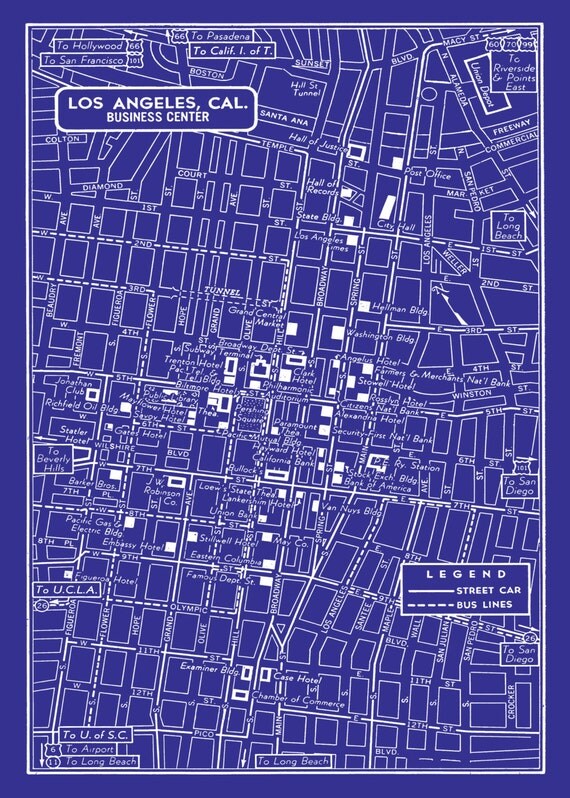 1949 Vintage Map of Downtown Los Angeles Blueprint Map Print