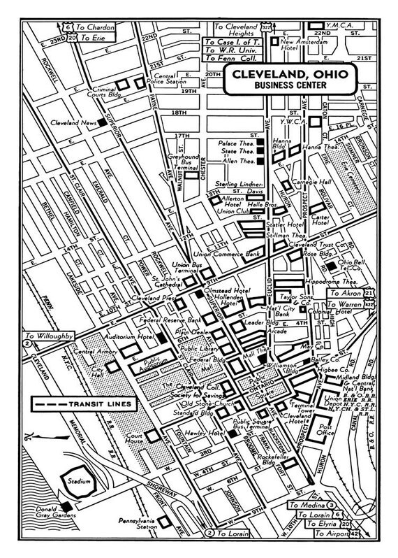 1949 Vintage Map of Downtown Cleveland Print Poster
