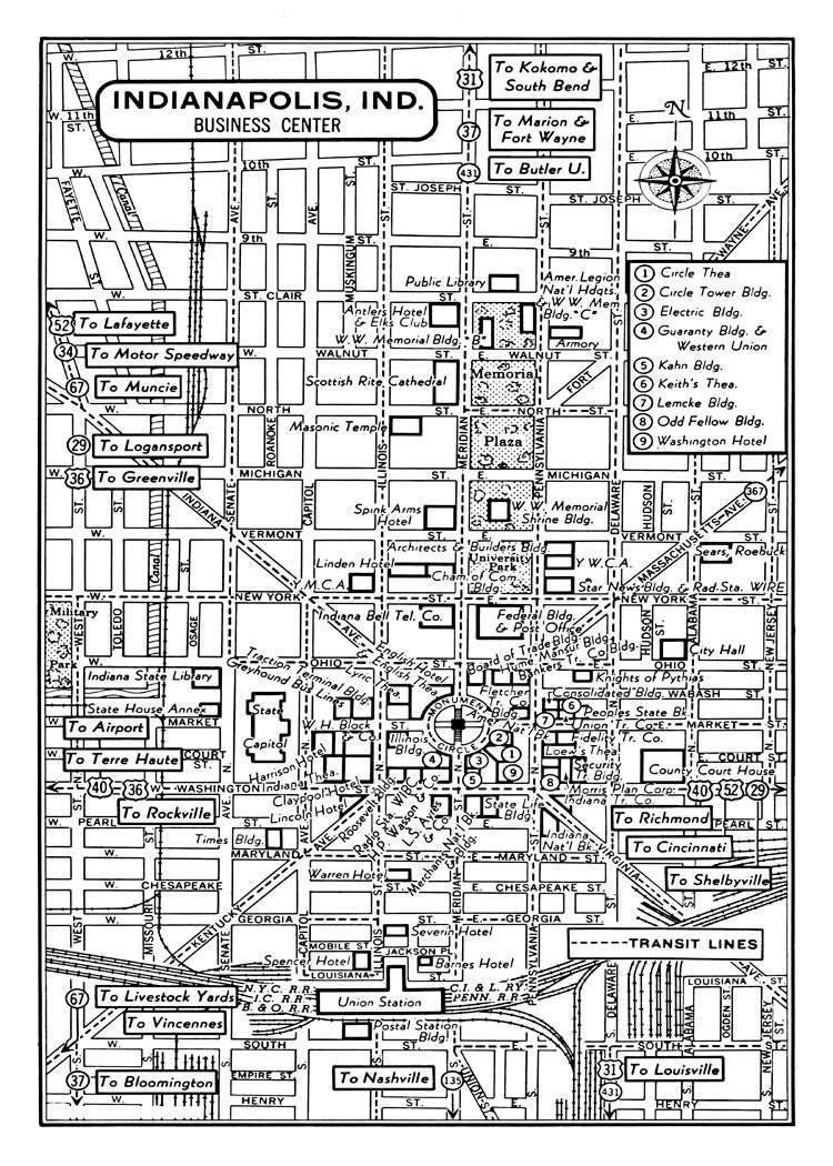 1949 Vintage Map of Downtown Indianapolis 11x17 Print Poster