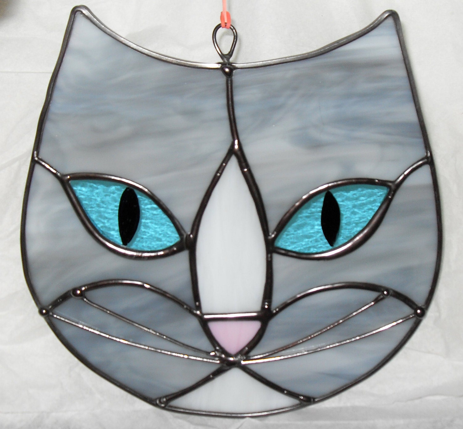 SALE Kitty Cat Suncatcher Stained Glass Gray White by craftycleo