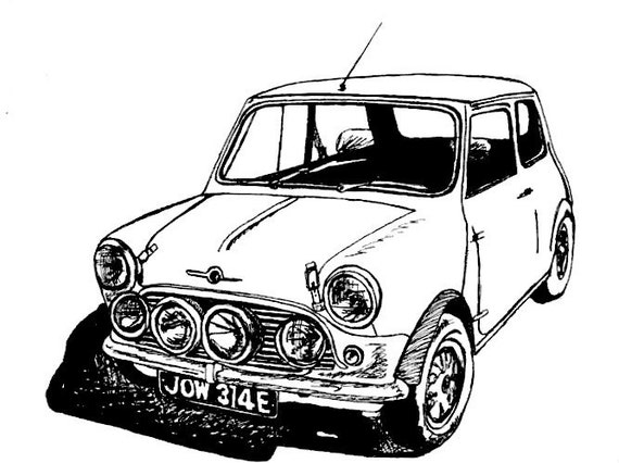 Classic MINI Cooper Sports Car / Car Drawing / Wall Decor