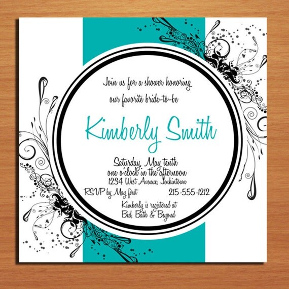 Customized Printable Bridal Shower Invitations Teal and Black