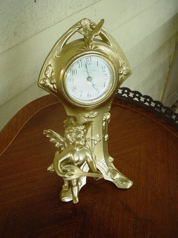 Antique Cherub Gilt Clock New Haven Angel With Banjo and Bird