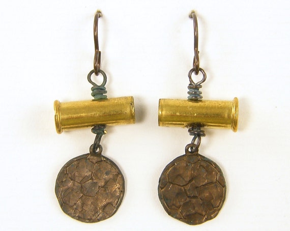Items similar to Bullet Casing Earrings Brass Dangle Brown Gold Circle ...