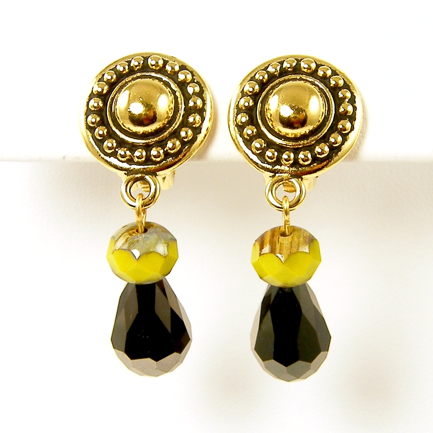 Black Clip on Earrings Gold Clip Earrings with Olive Green