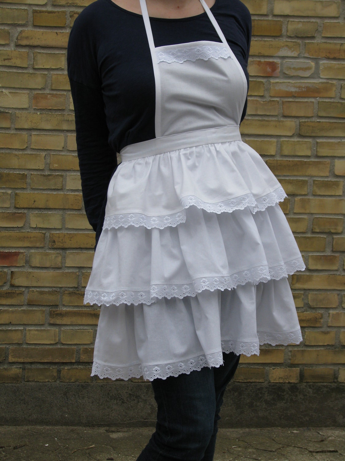 French Maid White Ruffled Tiered Womens Full Apron With