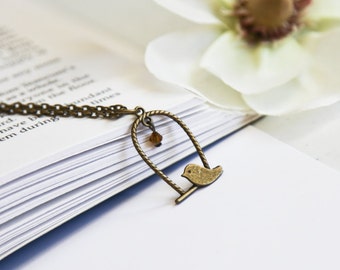 Baby Bird Necklace- Vintage Bronze Charm Jewelry- Amber Brown Swarovski Crystal Bead