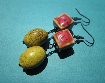 Shapely Ceramic Dangle Earrings in Rust and Yellow